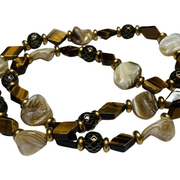 Vintage Abalone Shell Tiger Eye Beaded Brass Chain Summer Necklace 22in - Picture 2 of 7